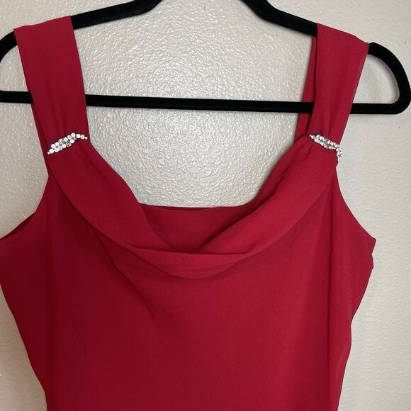 Vtg Y2K Ruby Red Wine sz 12 Ruched Midi Asymmetrical Dress Brooch Pins Fairy - Picture 2 of 7